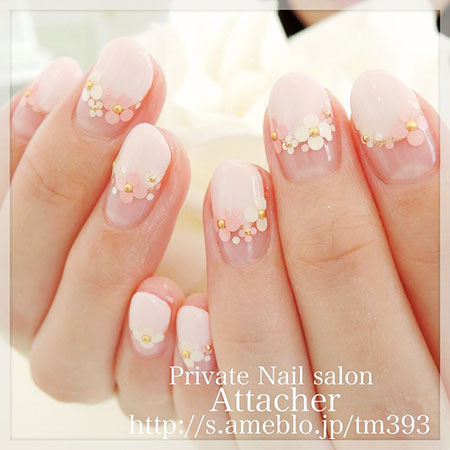 Short Korean Nail Art, Nail Design Pink Flowers